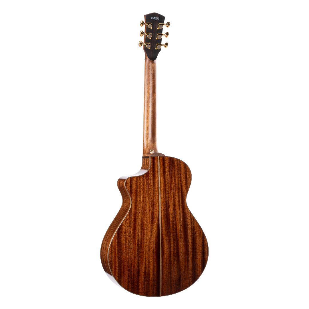 Rear view of Cort Masterpiece Series Modern Acoustic Electric Guitar Burst on white background