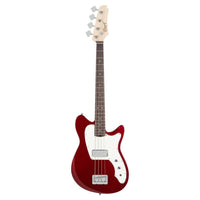 Front view of Cort Retro 304 Short Scale Electric Bass Guitar Candy Apple Red on white background