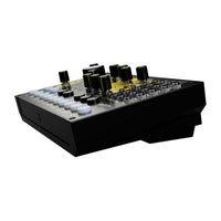 Black audio mixer with knobs and buttons on a white background