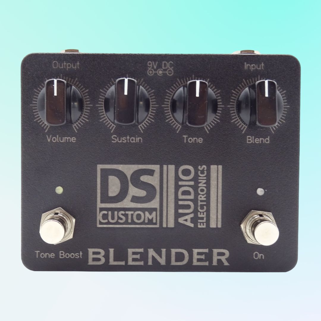 Front view of DS Custom Blender Pedal on blue background