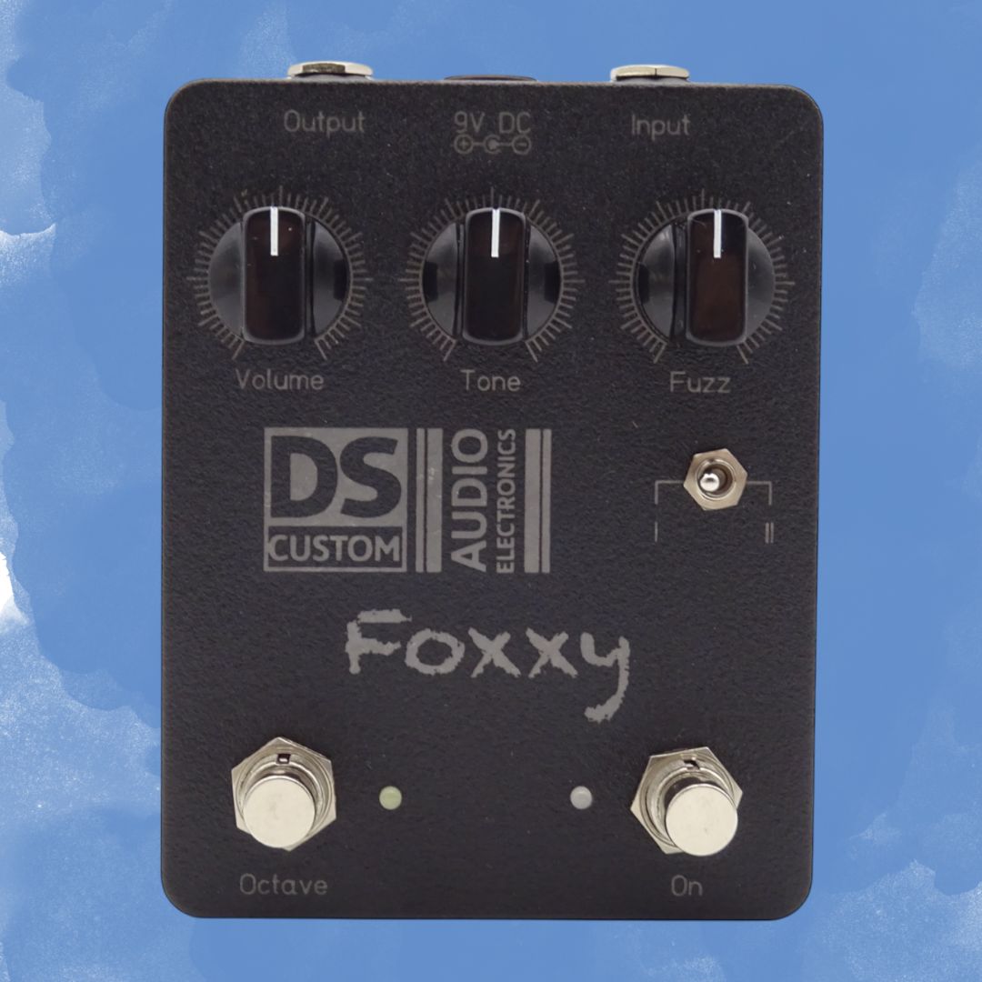 Front view of DS Custom Octave Foxxy Pedal on blue background