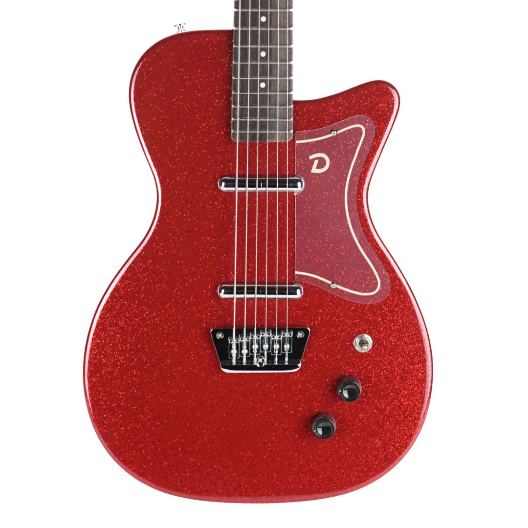 Front view of Danelectro 56 Baritone Electric Guitar Red Metal Flake on white background