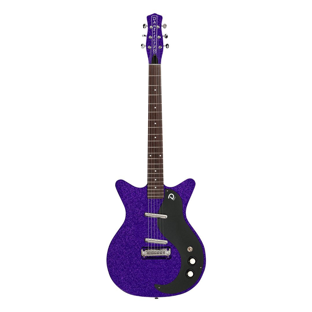 Front view of Danelectro Blackout '59 Electric Guitar Purple Metal Flake with white background