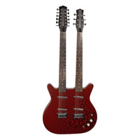Front view of Danelectro Doubleneck Electric Guitar Red Crackle on white background