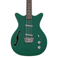 Close up front view of Danelectro Fifty Niner Long Scale Bass Guitar (Jade) on white background