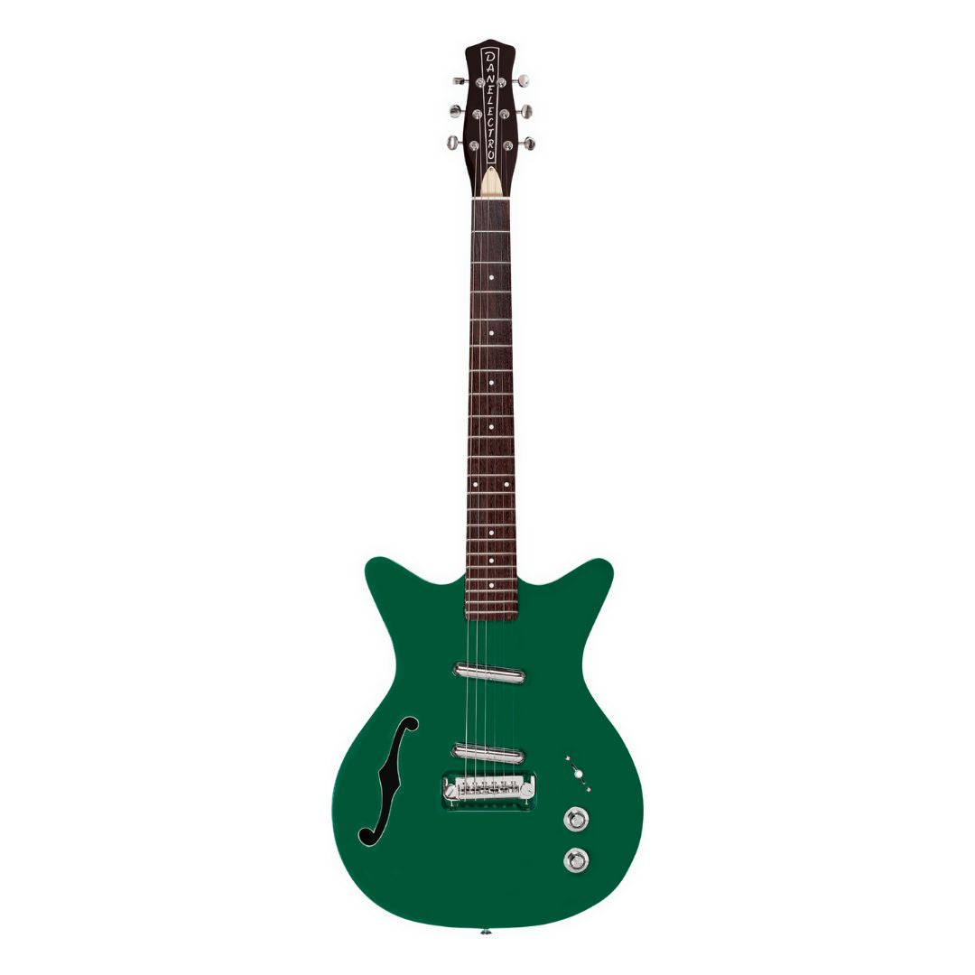Front view of Danelectro Fifty Niner Semi Hollow Electric Guitar Jade Top on white background