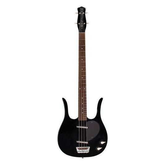 Front view of Danelectro Longhorn Bass Guitar Black on white background
