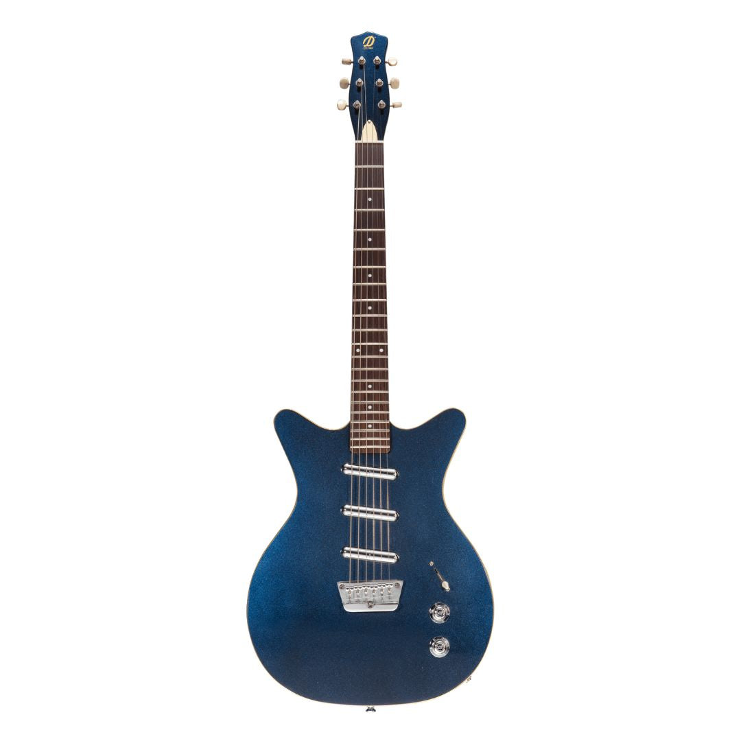 Front view of Danelectro Triple Divine Electric Guitar Blue Metallic on white background