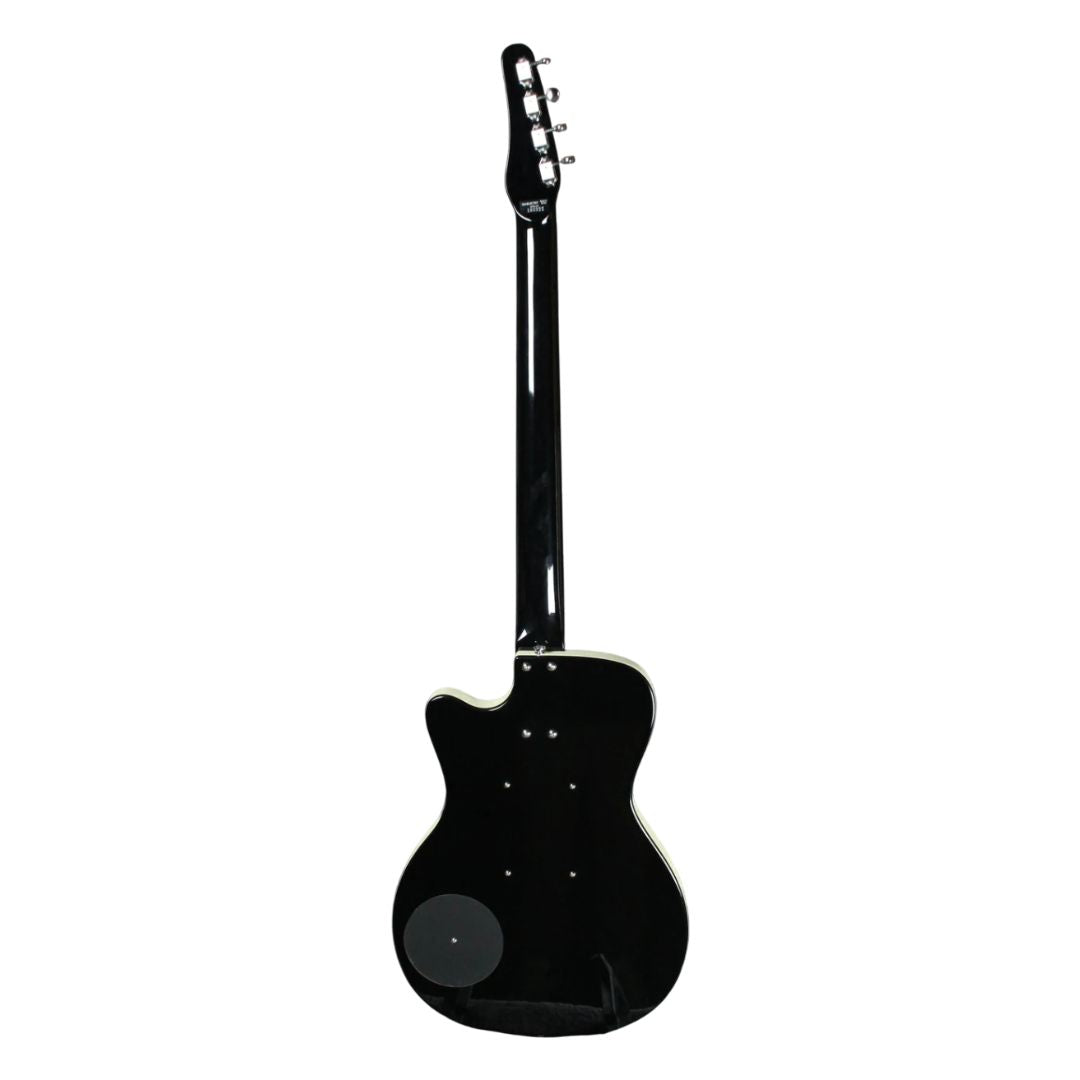 Rear view of Danelectro '56 Bass Guitar (Black) on white background