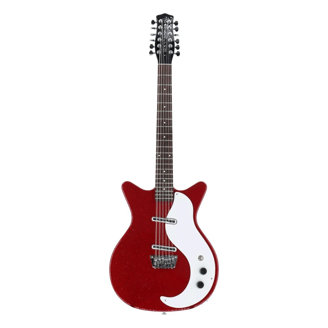 Front view of Danelectro 59 12-String Electric Guitar Red Metal Flake on white background