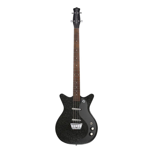 Front view of Danelectro '59DC Short-Scale Bass Guitar Black Metal Flake on white background