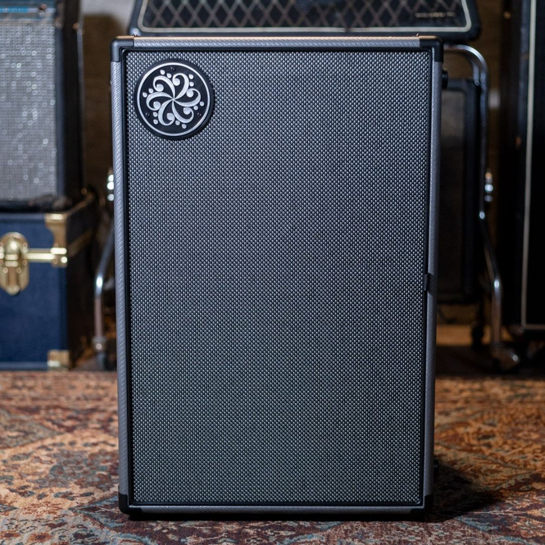 Front view of Darkglass 210 Bass Cabinet upright on carpet in studio