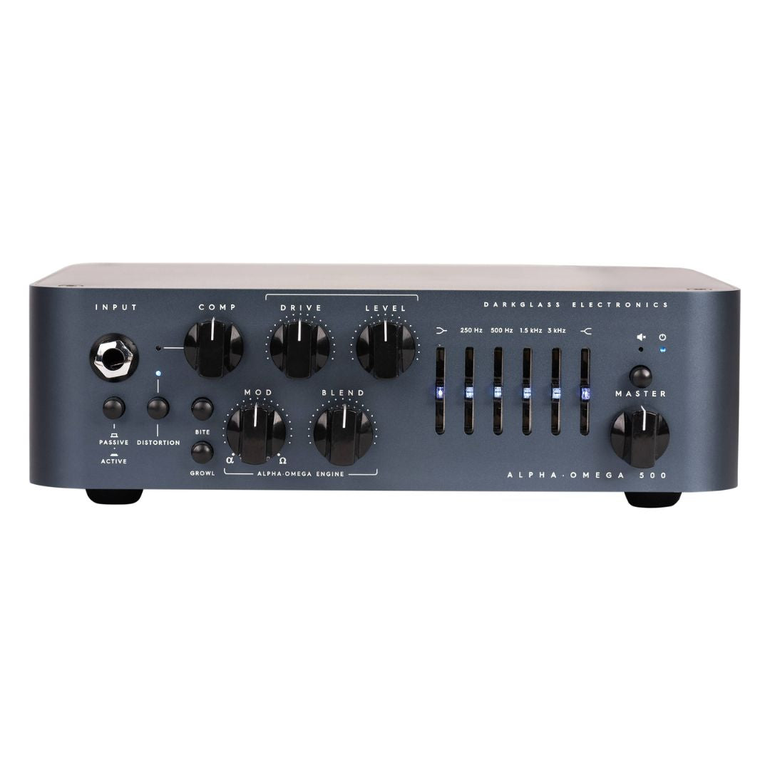 Front view of Darkglass Alpha-Omega 500 Bass Amplifier Head on white background