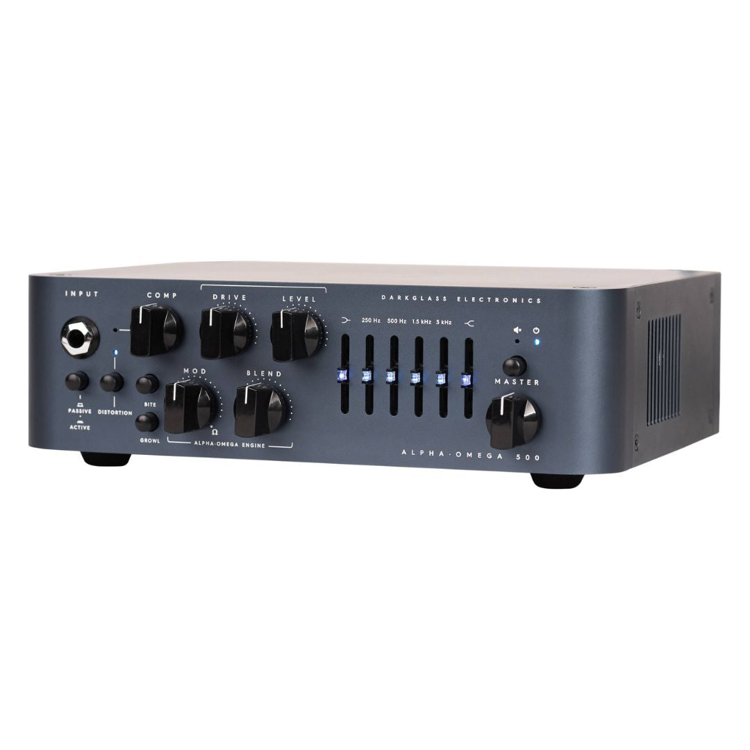 Angled view of Darkglass Alpha-Omega 500 Bass Amplifier Head on white background
