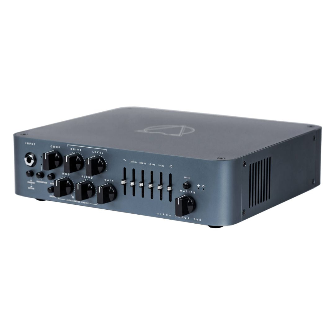 Angled view of Darkglass Alpha-Omega 900 Bass Amplifier Head on white background