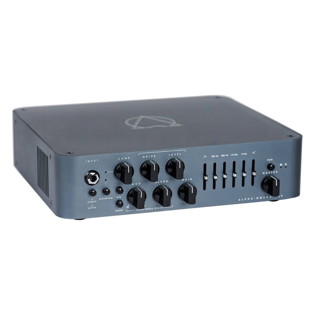 Angled front view of Darkglass Alpha-Omega 900 Bass Amplifier Head on white background