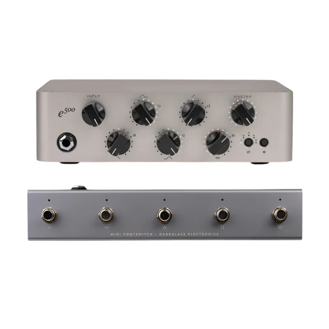 Front view of Darkglass Exponent 500 Bass Amplifier Head with MIDI Footswitch Bundle on white background