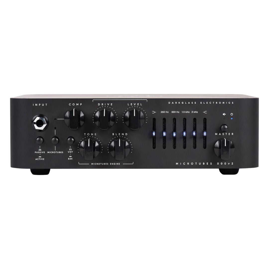 Front view of Darkglass Microtubes 500v2 Bass Amplifier Head Black on white background