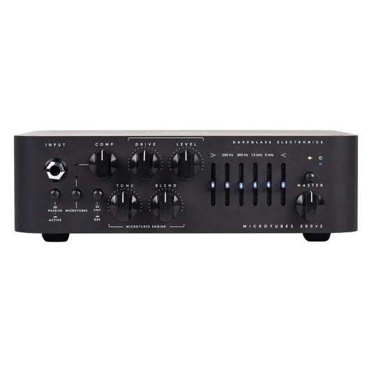 Front view of Darkglass Microtubes 500v2 Bass Amplifier Head Black on white background