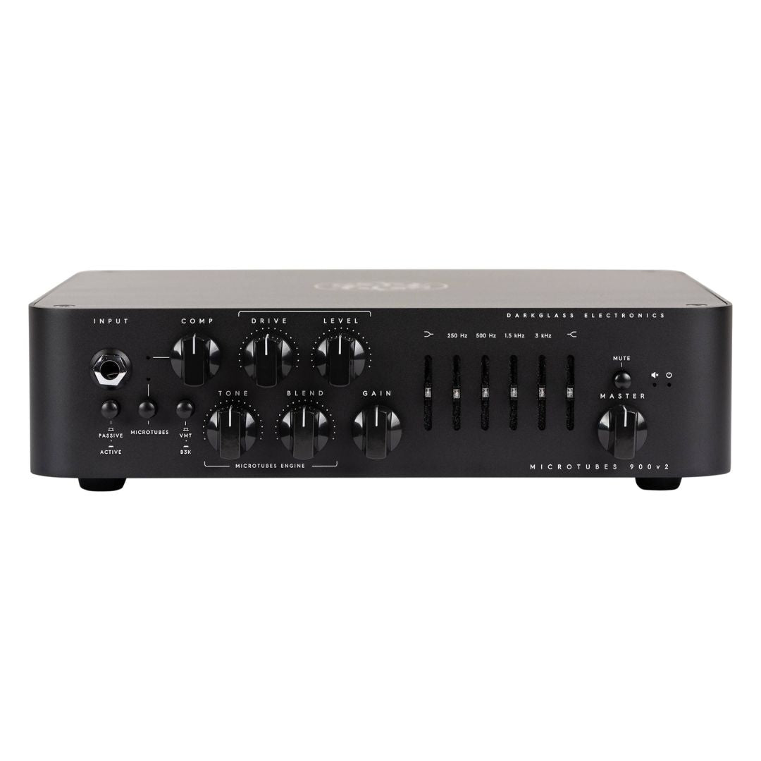 Front view of Darkglass Microtubes 900v2 Bass Amplifier Head on white background