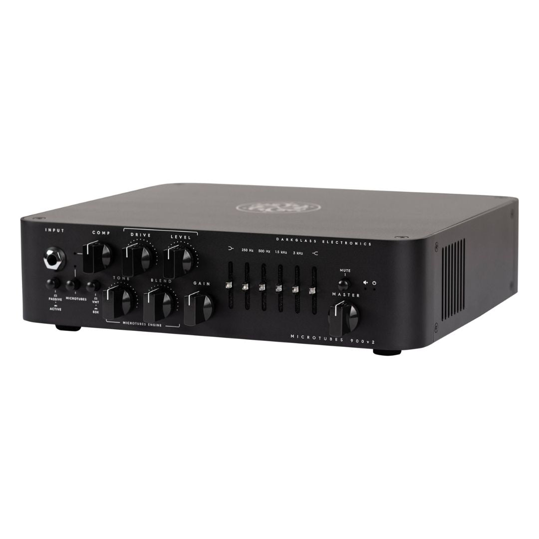 Angled front view of Darkglass Microtubes 900v2 Bass Amplifier Head on white background