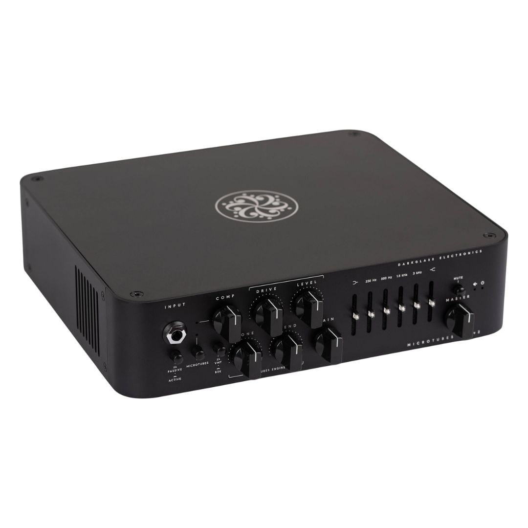 Angled top view of Darkglass Microtubes 900v2 Bass Amplifier Head on white background