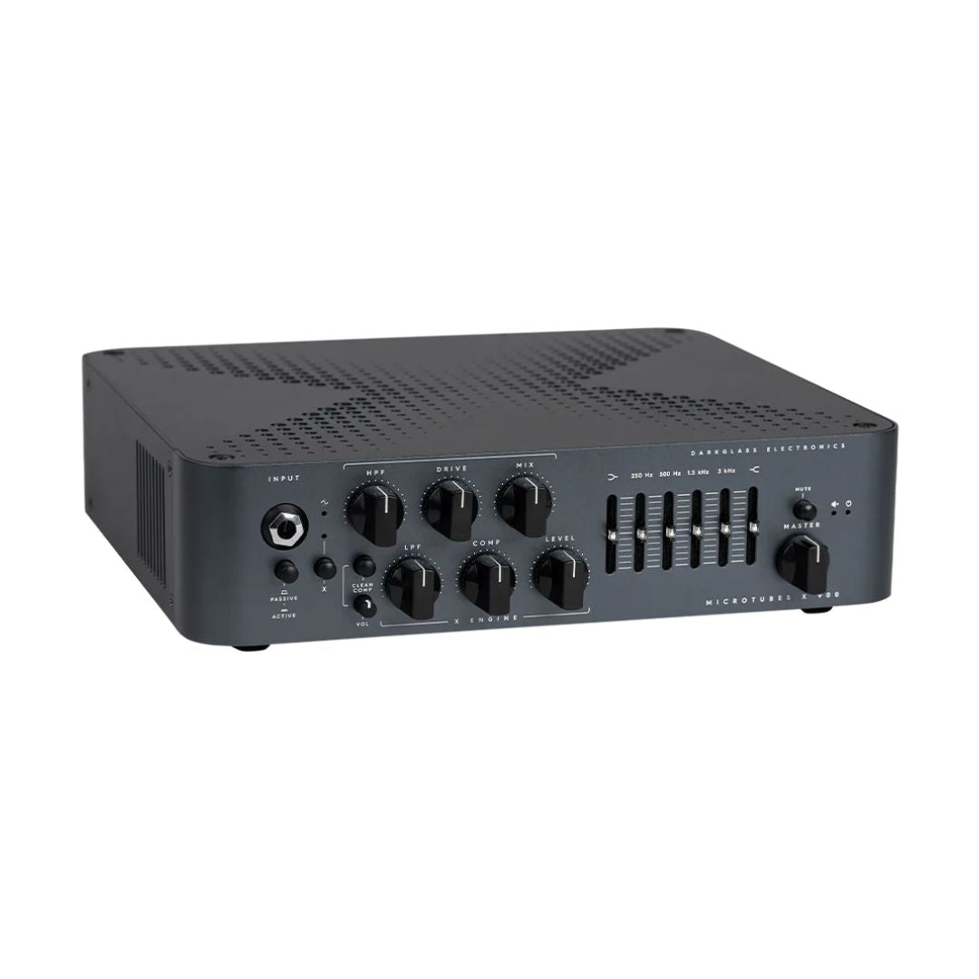 Angled view of Darkglass Microtubes X 900 Bass Amplifier Head on white background