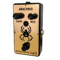 Angled front view of Dirty Haggard Arachnid Pedal Black & Gold on white background