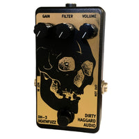 Angled front view of Dirty Haggard DH-3 DeathFuzz Black & Gold on white background