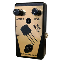 Angled front view of Dirty Haggard Tone Benzer Pedal Black & Gold on white background