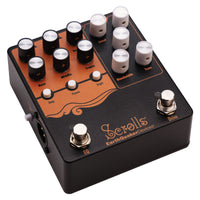 Angled view of EarthQuaker Devices Scrolls Bass Odyssey Pedal on white background