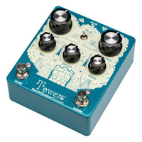 Slanted view of EarthQuaker Devices Towers Stereo Reverb Pedal on white background