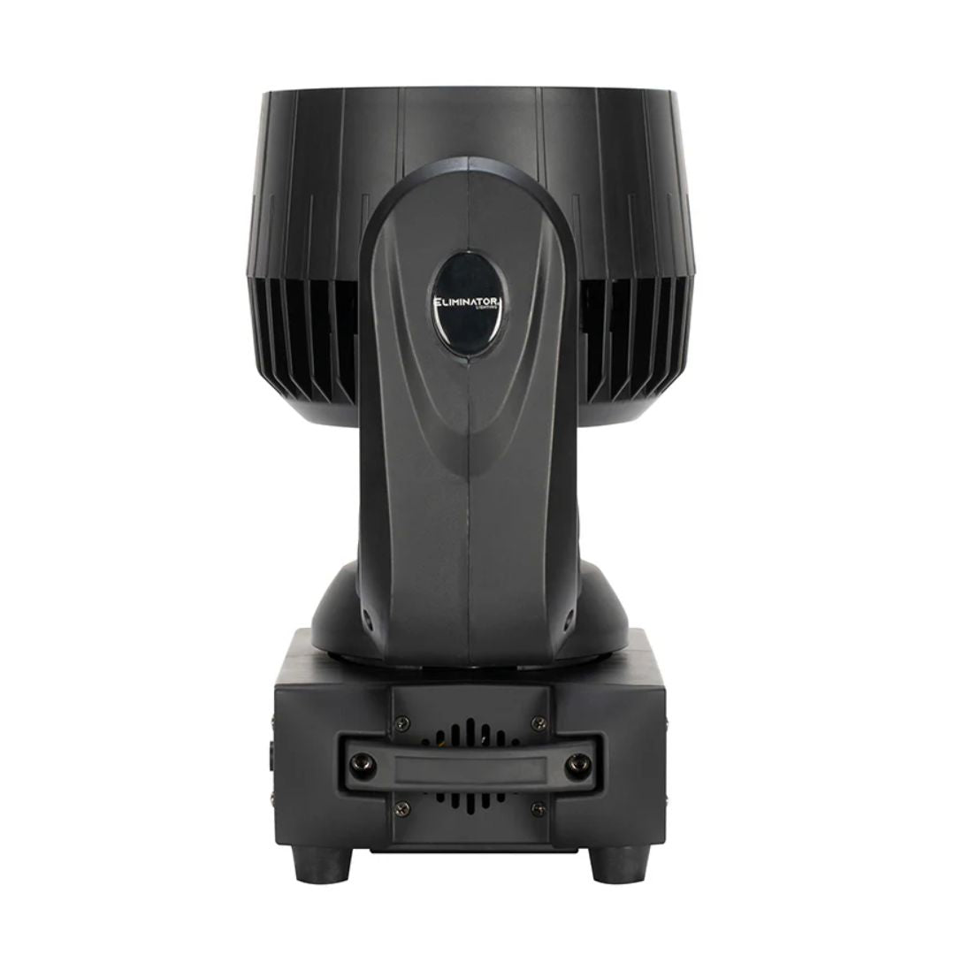 Side view of Eliminator Lighting Stryker Wash Moving Head with head tilted up on white background