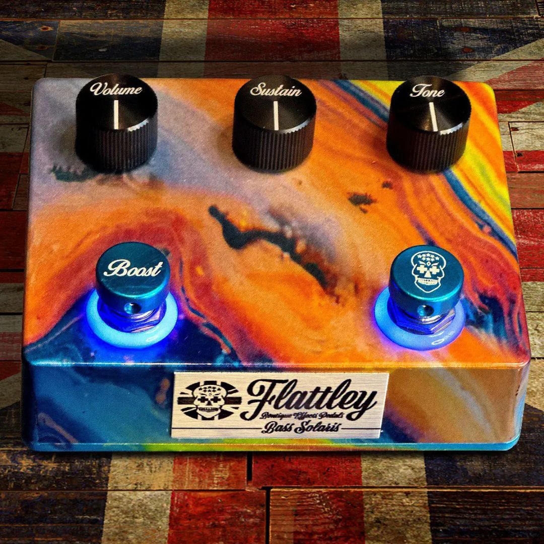 Top view of Flattley Bass Solaris Bass Fuzz with Boost Pedal with Union Jack background