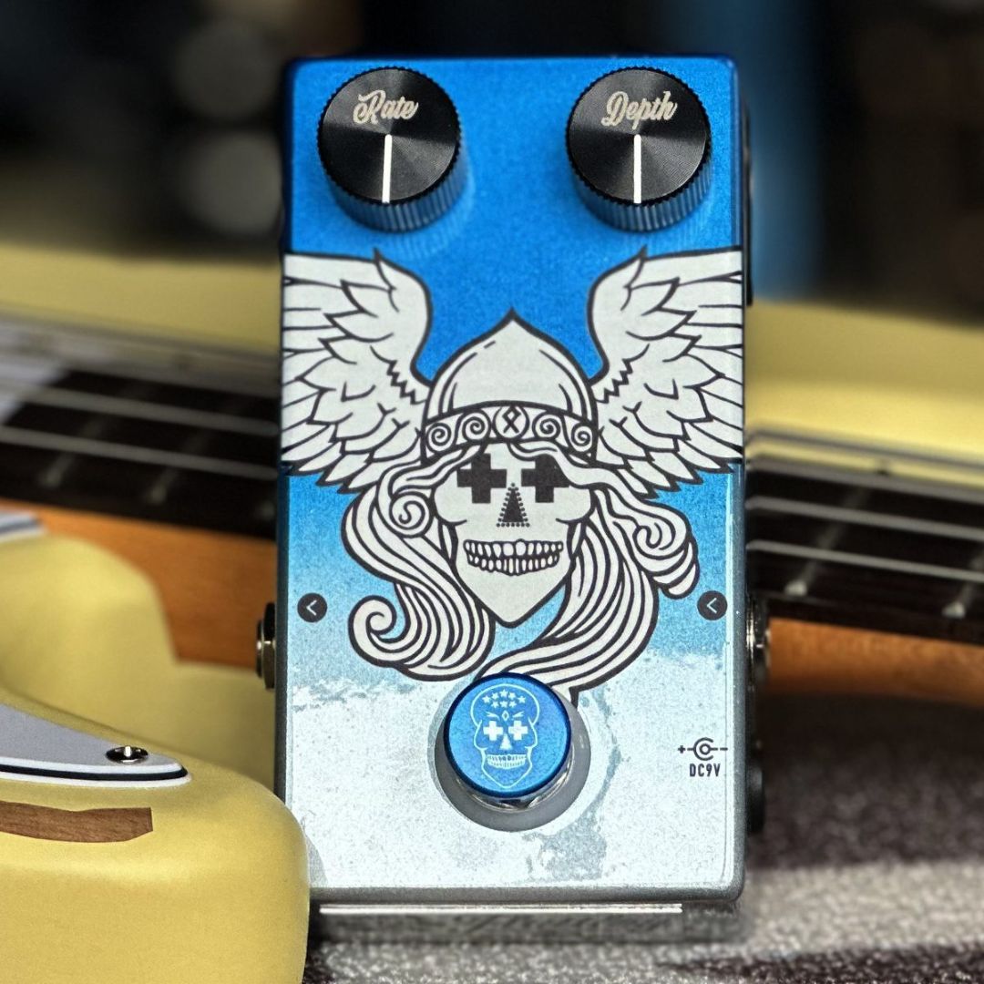 Top view of Flattley Bass Valkyrie Bass Vintage Chorus Pedal on bass guitar