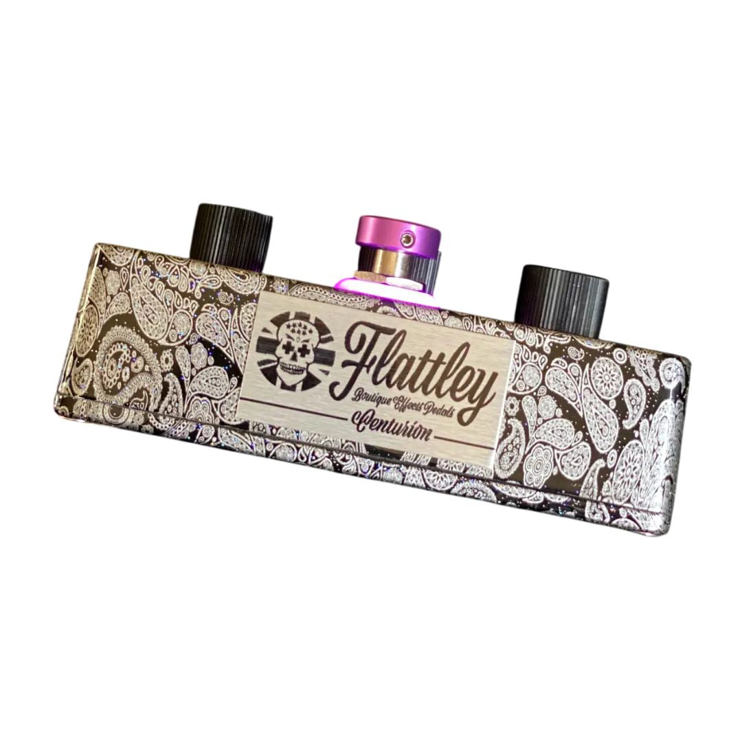 Angled front view of Flattley Centurion Transparent Overdrive Pedal on white background