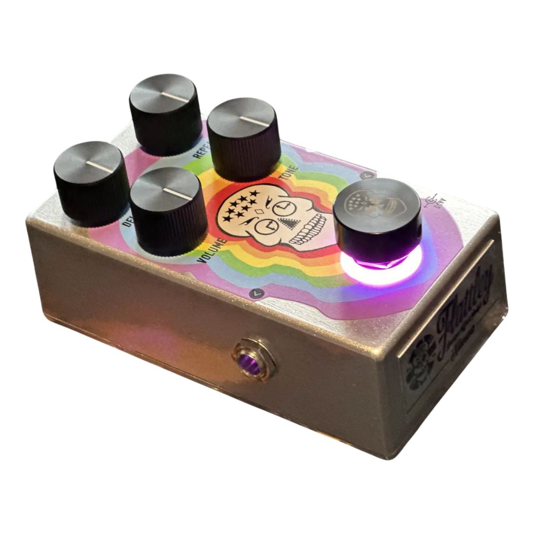 Angled side view of Flattley Nirvana Analogue Delay Pedal on white background