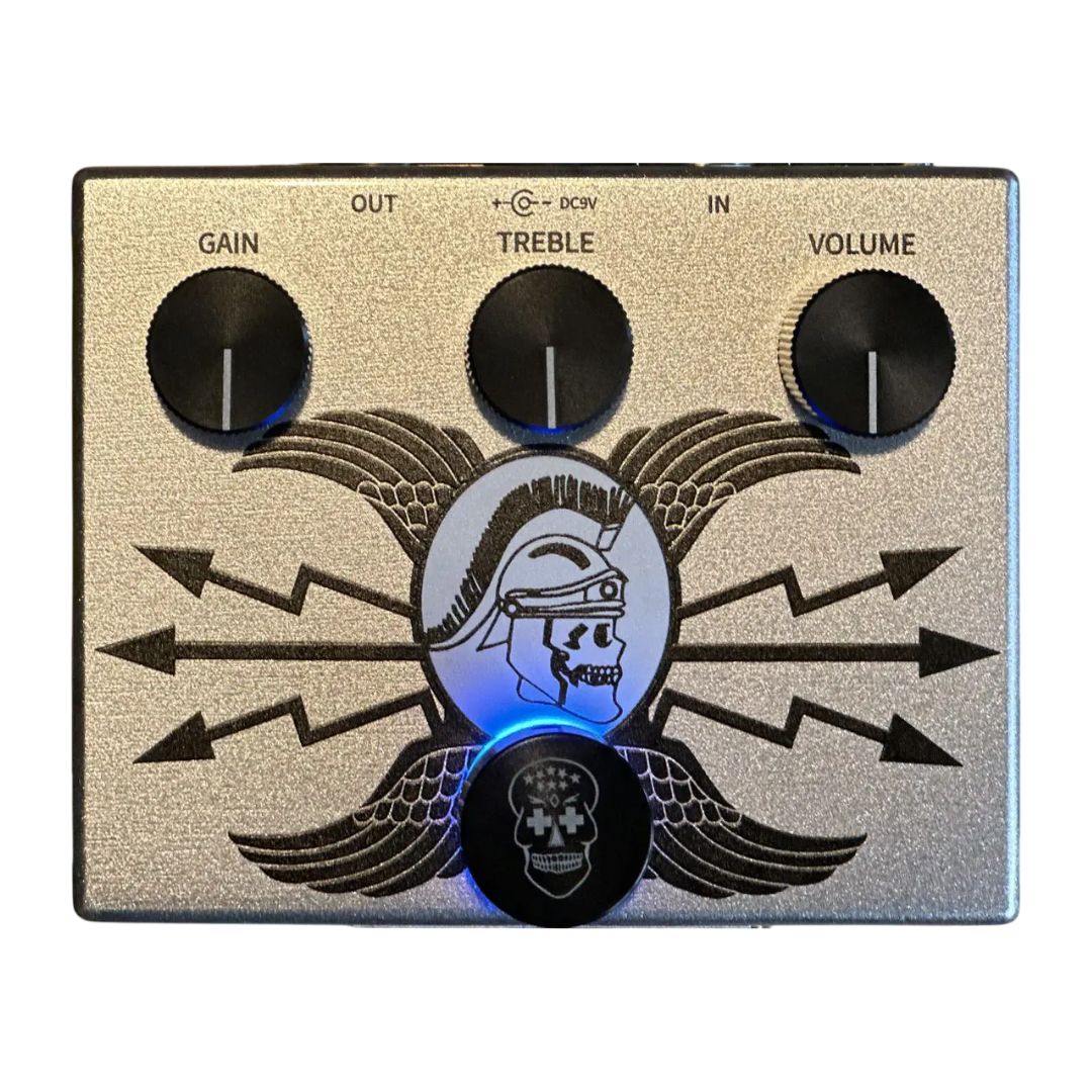 Top view of Flattley Silver Centurion Transparent Overdrive Pedal with blue LED lit on white background