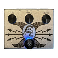 Top view of Flattley Silver Centurion Transparent Overdrive Pedal with blue LED lit on white background
