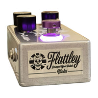 Angled front view of Flattley Violet Tremolo Pedal on white background