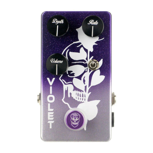 Top view of Flattley Violet Tremolo Pedal on white background