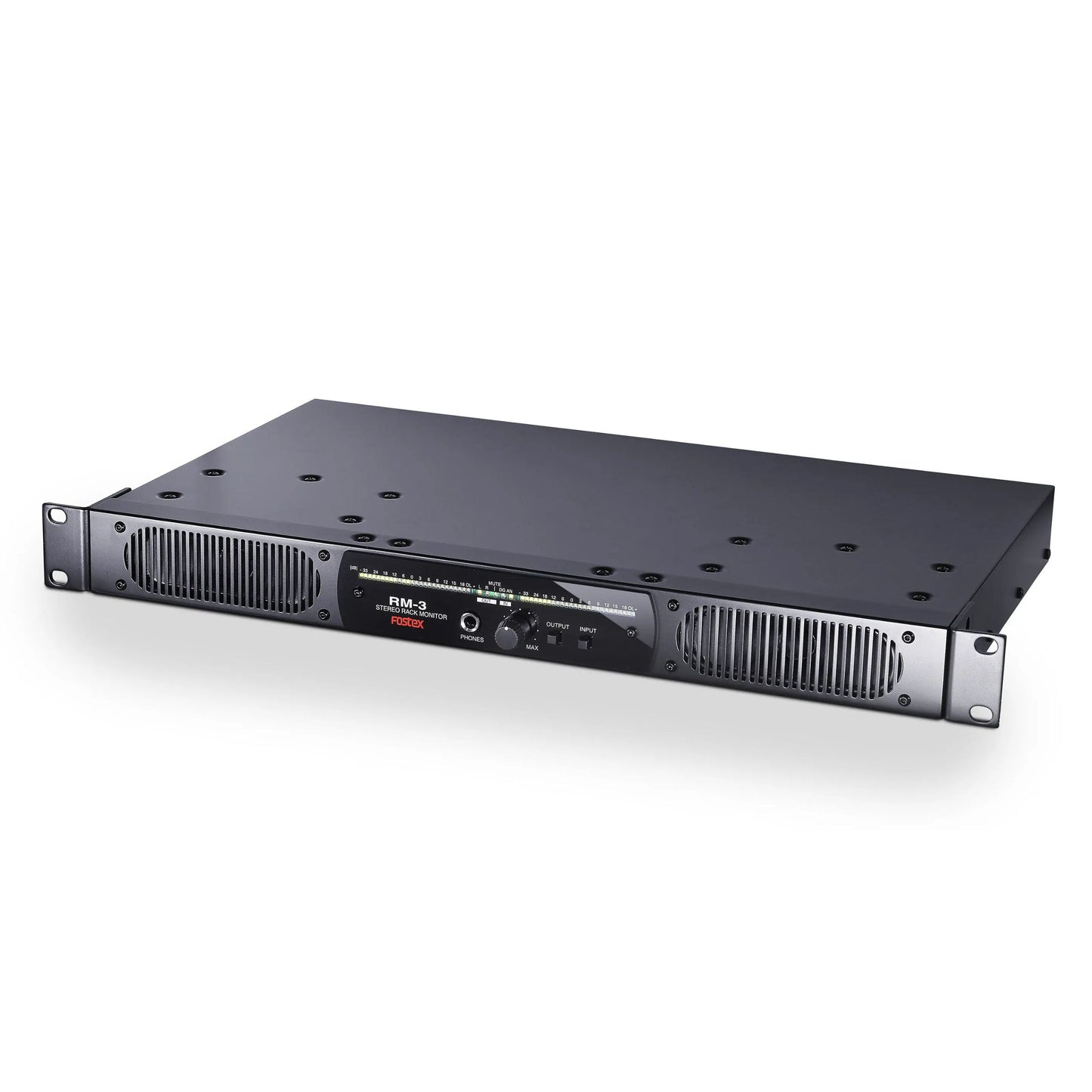 Angled view of Fostex RM-3 Stereo Rack Monitor on white background