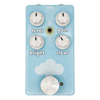 Front view of FruitFX CloudDriver Pedal with Silver Footswitch Topper on white background
