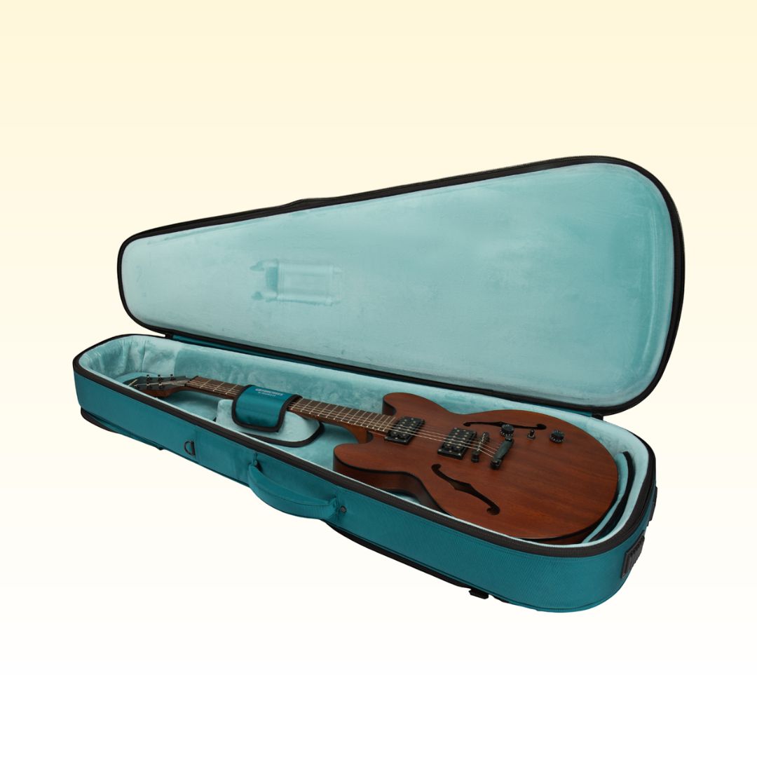 Open teal guitar case with a wooden electric guitar inside on a beige background