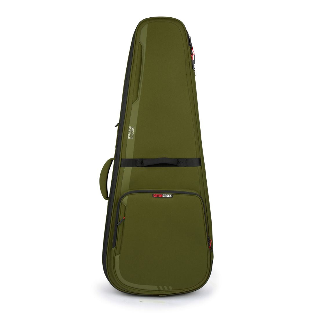 Green guitar case with brand logo on a white background