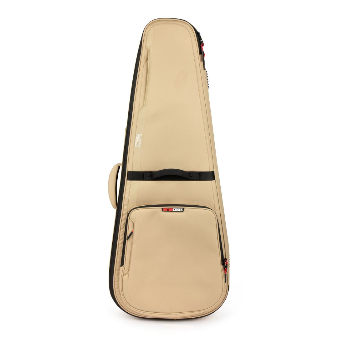 Beige guitar case with black accents on a white background