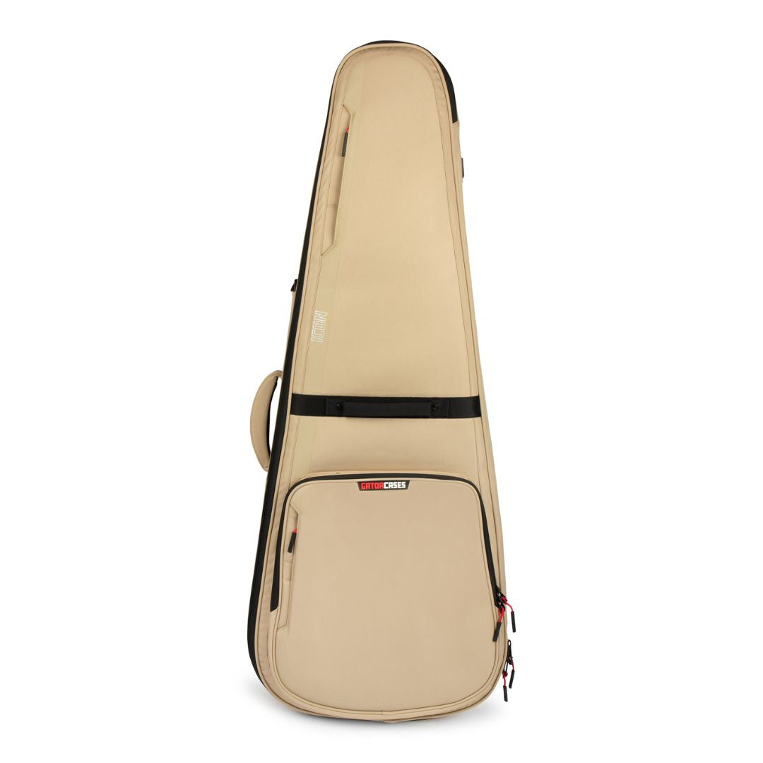 Beige guitar case with black accents on a white background