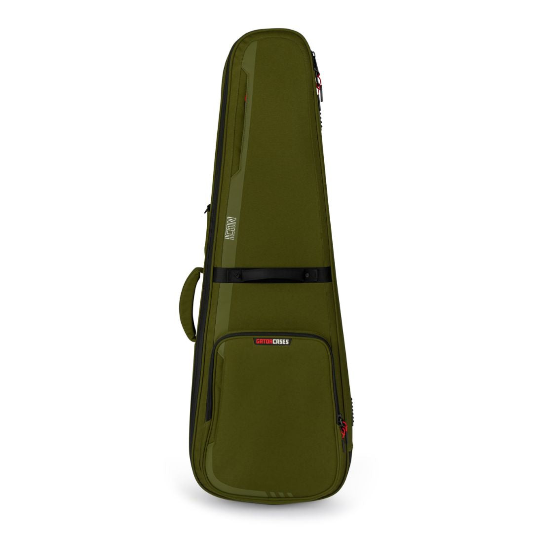 Green guitar case with a visible brand logo on a white background