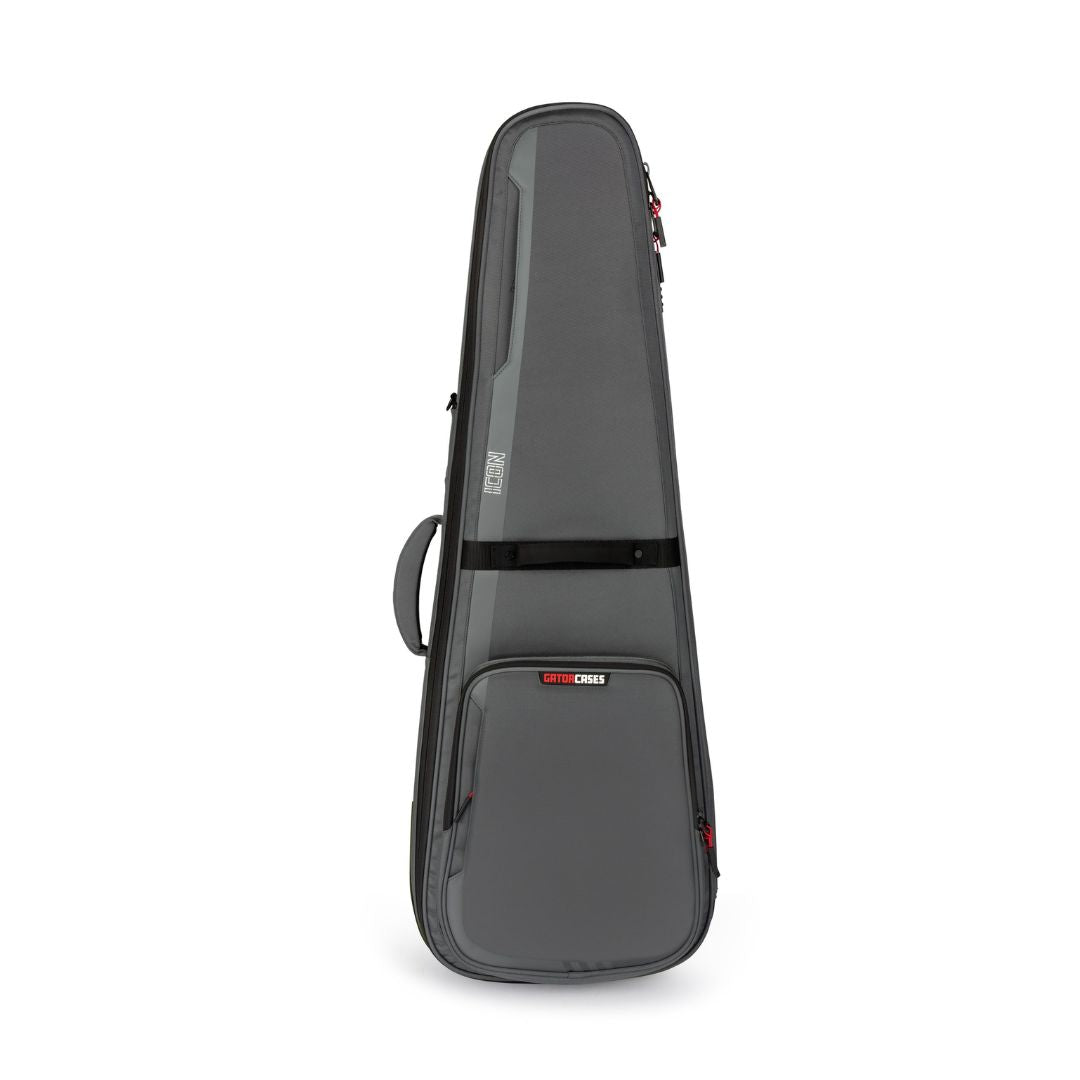 Gray guitar case with brand logo on a white background