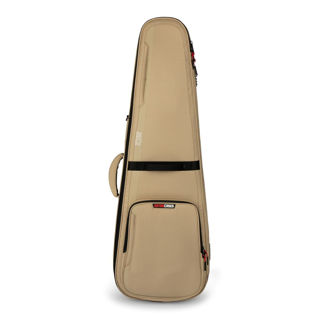 Beige guitar case with a brand logo on a white background